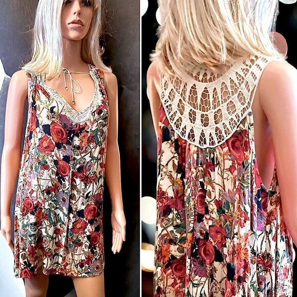 Vintage l Umgee Summer Mini Dress l Lace Back l Cream with Floral Print l L - Picture 1 of 9